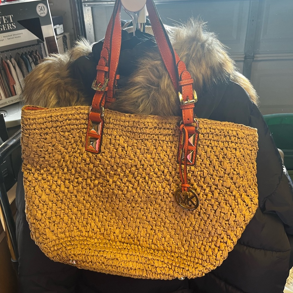 Michael Kors Orange Leather Straw Tote Bag